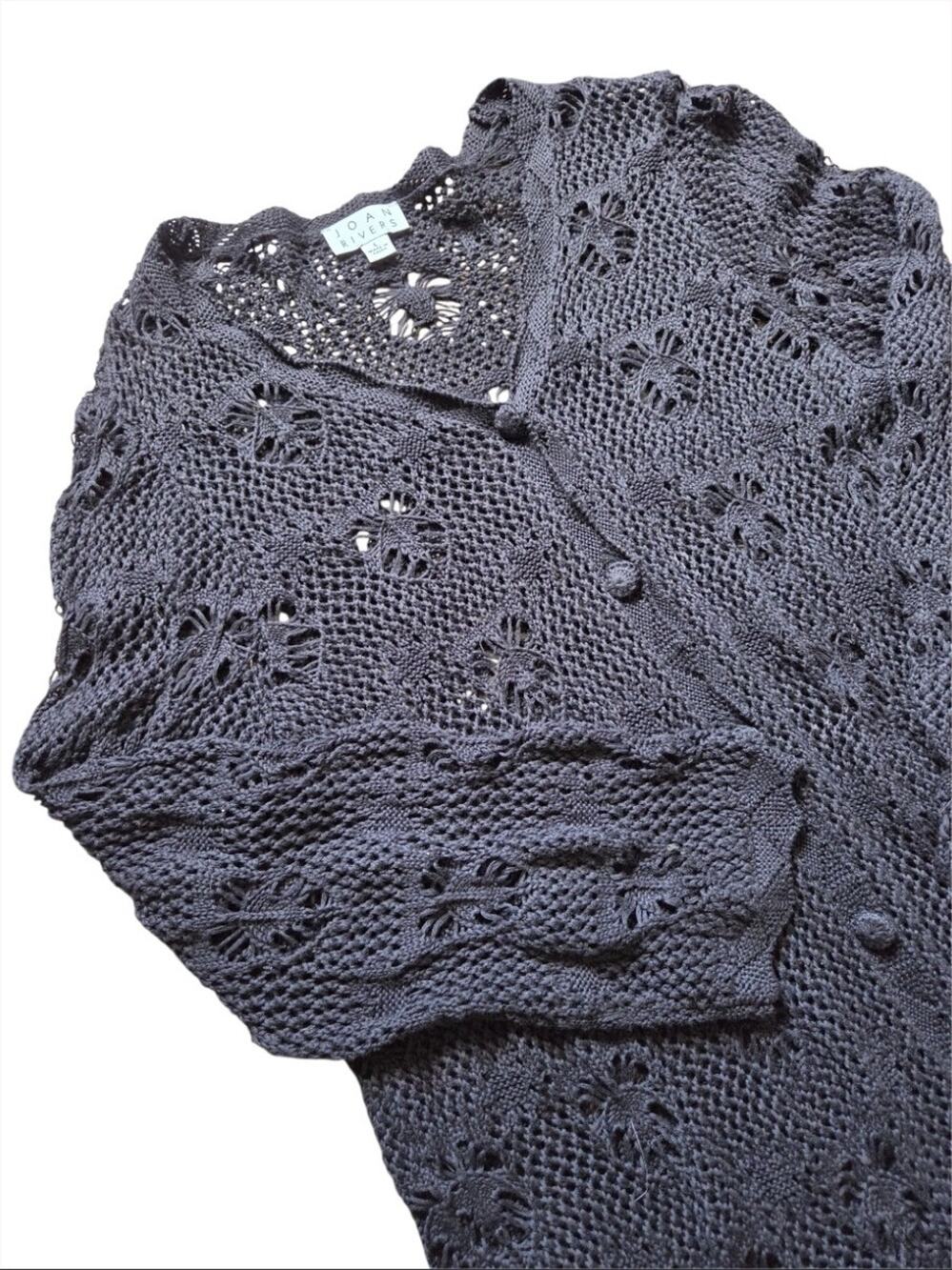 Joan Rivers Black Open Knit Crochet Cardigan Boho Festival Cover Up L